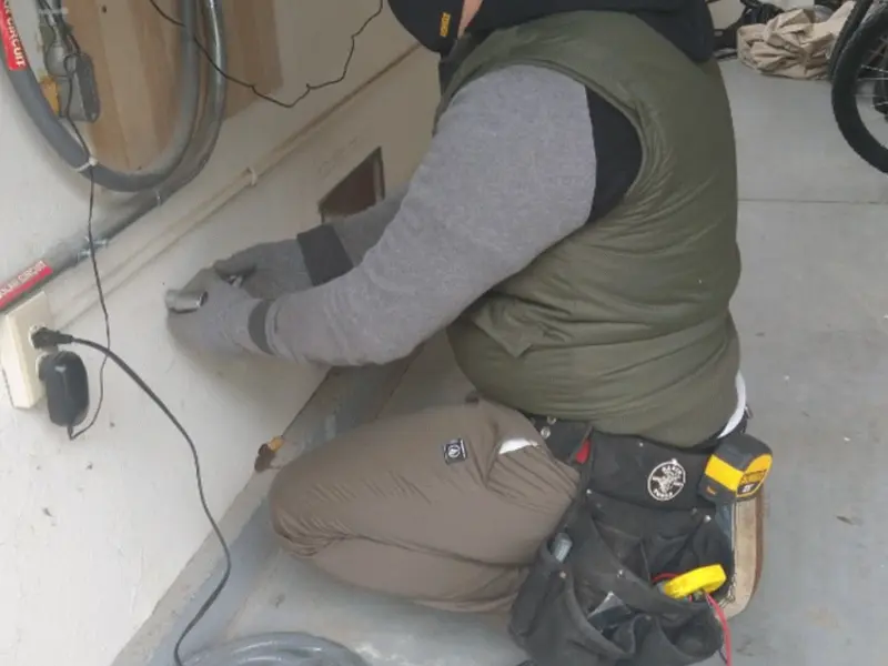 Electrician performing outlet wiring in a Jasper garage
